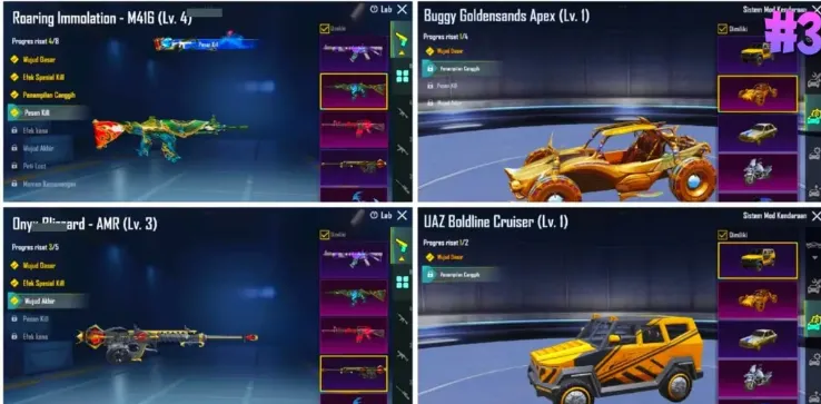 PGM567 X-Suit Galadria STAR1, M416 Roaring Immolation L4, Onyx Guard AMR L3, Kar98k Thornmaker L2, Goldensands Buggy/UAZ (G)